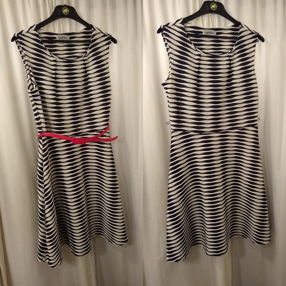 Navy White Wavy Stripe Stretchy Fit and Flare
